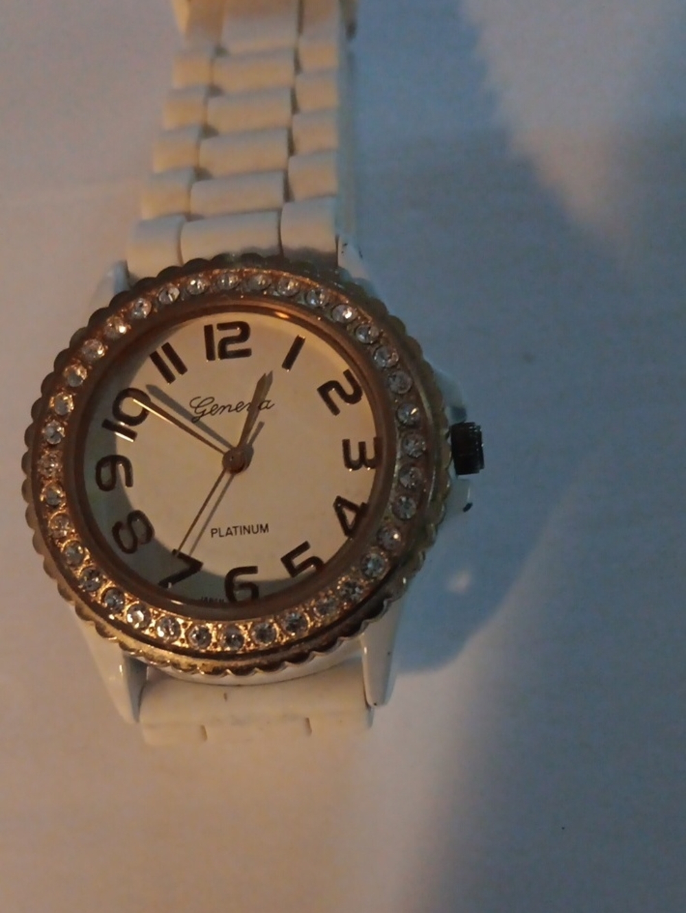 Geneva White Strap Watch with Gold Crystal Bezel